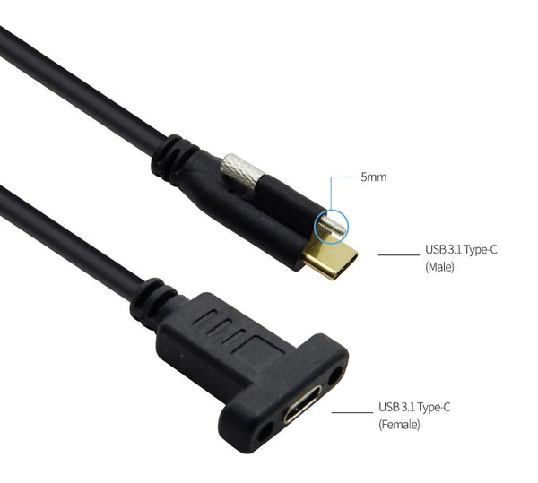 USB 3.1(Type C) オスメス延長ケーブル(MF) 22cm / ブラケット取り付け可能