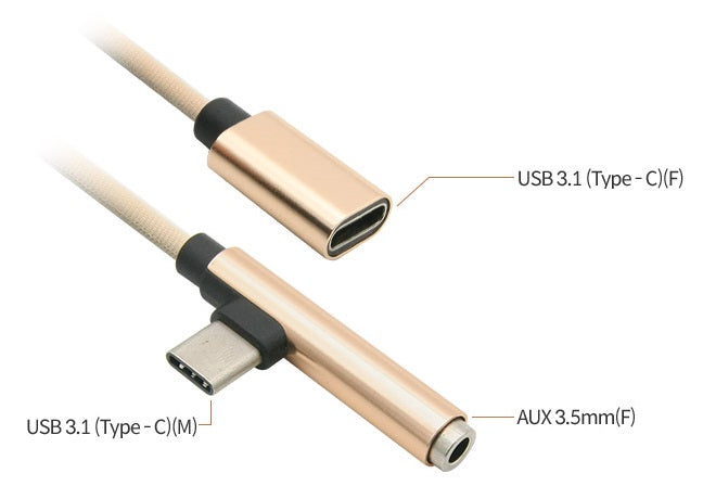 Type-C(USB 3.1)充電音声変換ケーブル[Type-C - 3.5mm AUXジェンダー]15cm ゴールド